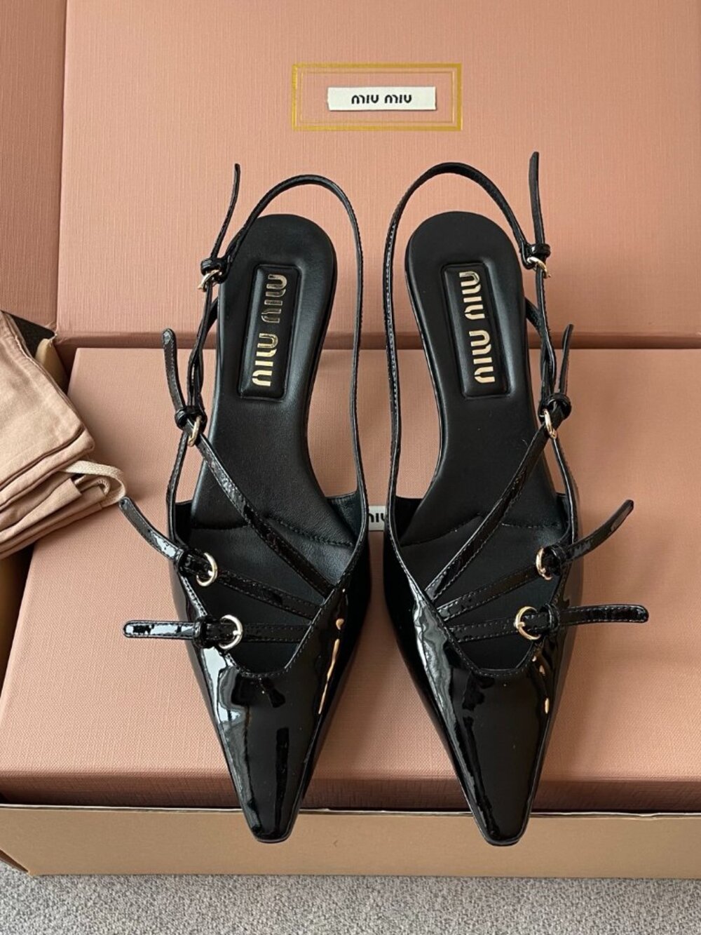 Miu Miu Patent Leather Strappy Pointed-Toe Open-Back High-Heeled Sandals - Picture 1 of 8